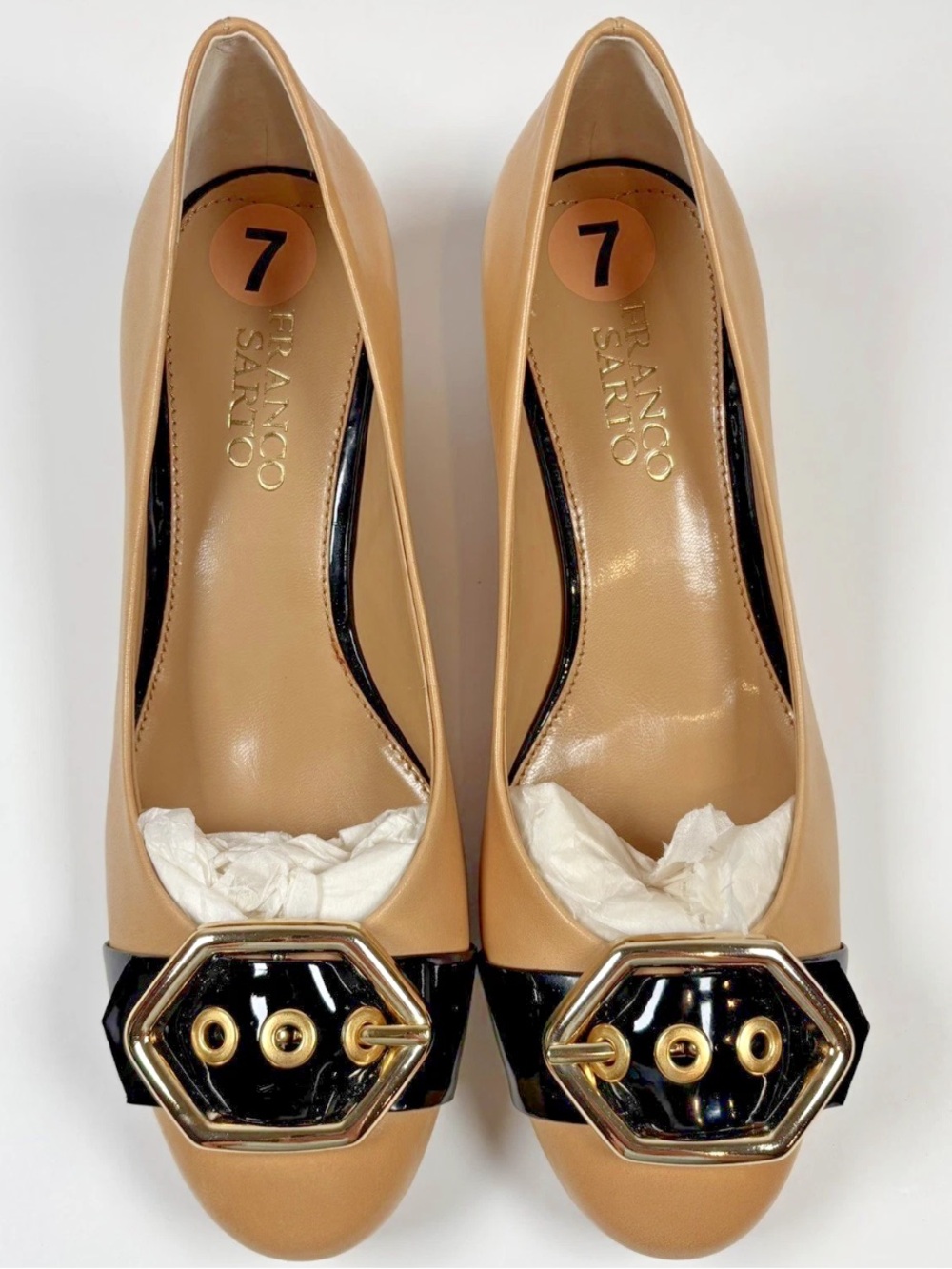 Franco Sarto Shoes Women’s Sz 7 Tan Leather Black Buckle Office Preppy Academia